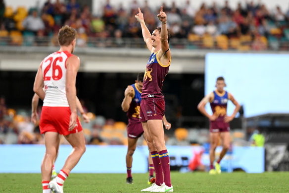 Joe Daniher is all smiles after scoring.