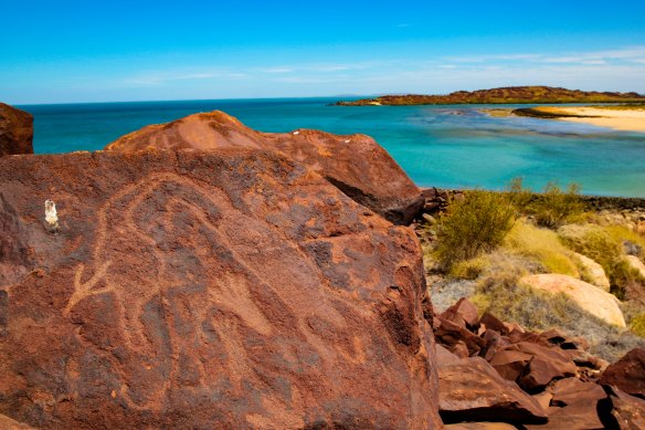 Ancient rock art at Murujuga, the Burrup Peninsula, Western Australia. 