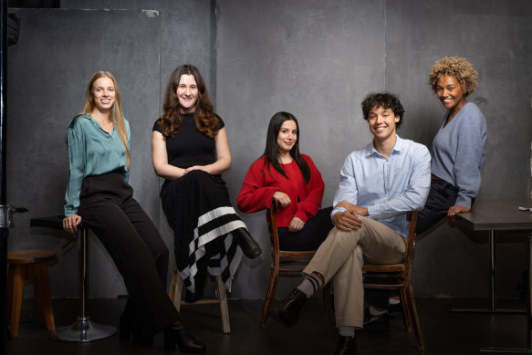 The Age’s new trainees (from left): Brittany Busch, Hannah Kennelly, Hannah Hammoud, Angus Delaney and Gemma Grant.