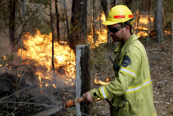 Forestry Corporation worker Eric Jackson working on a fire at Old Bar on the NSW North Coast in November.