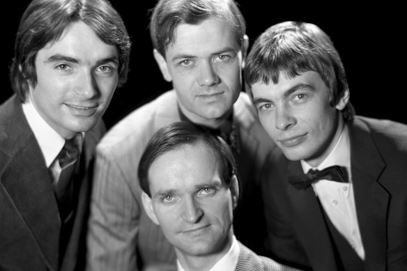 Bartos, far left, with Ralph Hutter, Wolfgang Flur and Florian Schneider iin 1975.