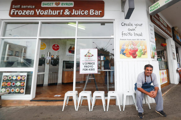 Mika Cohen outside his smoothie shop Sweet Byron. Business has been slow. Even in the school holidays, sales dropped and shoppers opted for lower price drinks. 