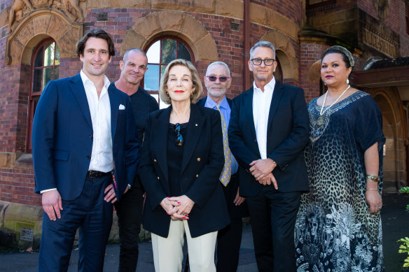 Polson (in sunglasses) with other Qtopia supporters (from left) City of Sydney councillor Lyndon Gannon, Ian Roberts, Ita Buttrose, Qtopia chair David Polson, chief executive Greg Fisher, and gender diversity educator Katherine Wolfgramme. 