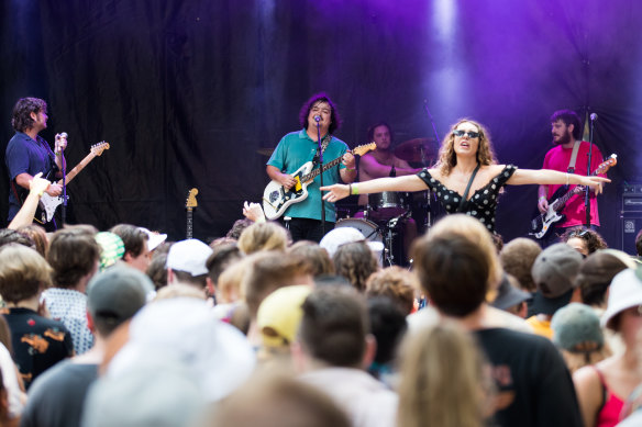The crowd listens to Pist Idiots at the Laneway music festival in the Domain in 2020.