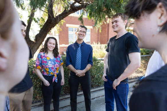 The Greens candidate for Northcote, teacher Campbell Gome, talks to his former students.