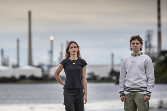 Geelong Grammar students, Millie Forwood and Dan Tadmore oppose the planned gas terminal in Corio Bay.