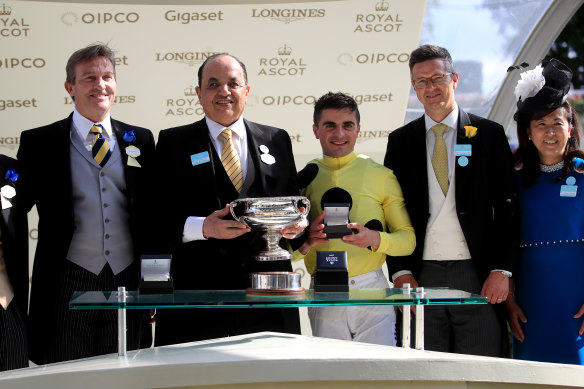 Sheikh Mohammed Obaid Al Maktoum (second from left) in 2019 after his horse Cape Byron won at Royal Ascot.