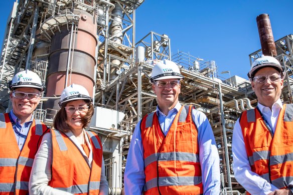 Politicians have been taking a keen interest in the survival of Viva Energy’s Geelong refinery. (left to right) Viva’s general manager refining, Dale Cooper, Victorian Senator Sarah Henderson, Energy and Emissions Reduction Minister Angus Taylor, and Viva chief executive Scott Wyatt in December 2020. 