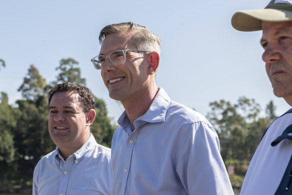 Premier Dominic Perrottet, centre, made a boat ramp infrastructure announcement with Penrith MP Stuart Ayres, left.