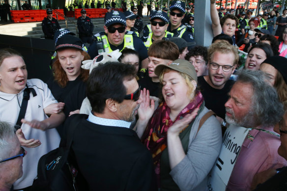 Protesters targeted conference delegates at the International Mining and Resources Conference in Melbourne, on Wednesday.