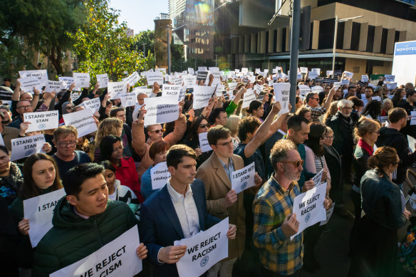 ABC staff rally to support Stan Grant at Ultimo on Monday.