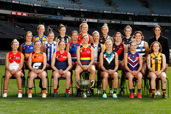 The AFLW captains, with Nicole Livingstone, AFL head of women’s football, far right.