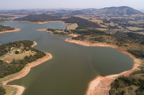 The Jaguari dam, which helps provide water to Sao Paulo, is running low during a drought considered the most severe in decades. 