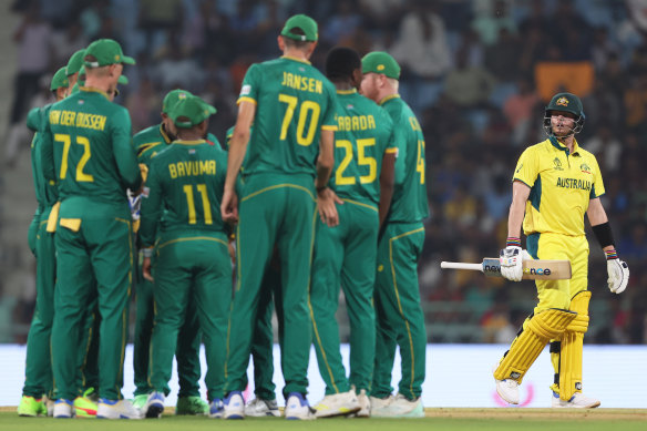 Steve Smith makes his way off after being dismissed against South Africa.