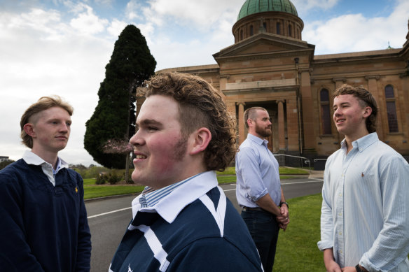 Xavier College students (from left) Ed Plunkett, Guss Gorman, Alex Smith and Nick Honeyman have raised $20,000 for the Black Dog Institute by growing mullets.