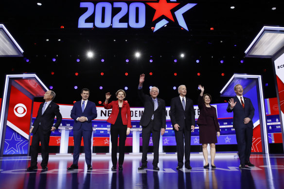 Democratic presidential candidates: former New York City mayor Mike Bloomberg, former South Bend mayor Pete Buttigieg, Senator Elizabeth Warren, Senator Bernie Sanders, former vice-president Joe Biden, Senator Amy Klobuchar and businessman Tom Steyer at the Democratic presidential primary debate in Charleston, South Carolina. 