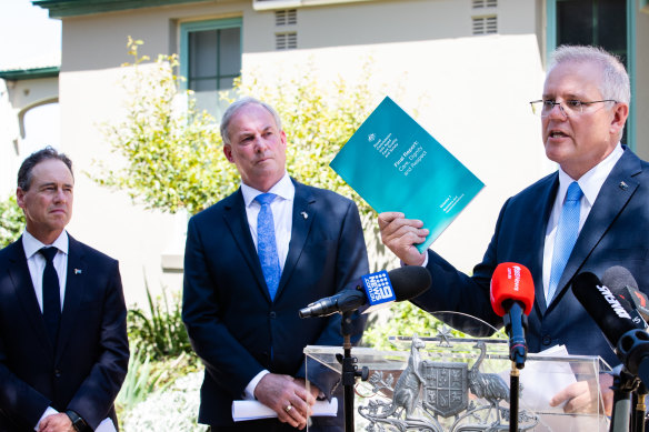 Health Minister Greg Hunt, Aged Care Minister Richard Colbeck and Prime Minister Scott Morrison at the release of the Royal Commission into Aged Care Quality and Safety final report.