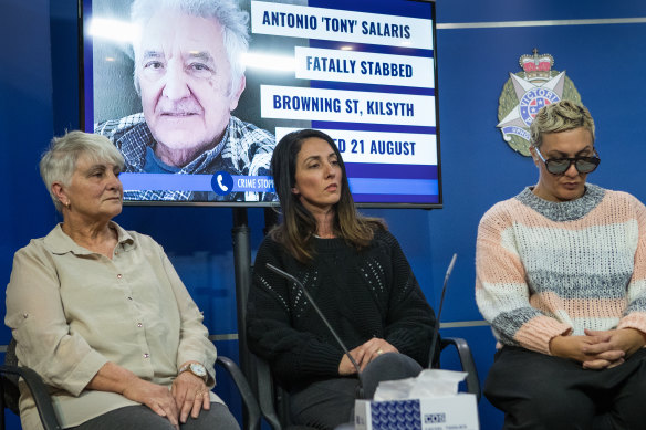Tony Salaris' wife Helen and daughters Amy and Stephanie at a media conference after the alleged murder.