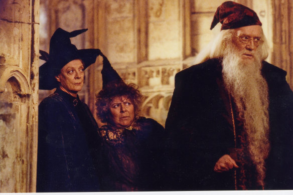 Miriam Margolyes (centre) as Professor Sprout, with Maggie Smith and Richard Harris in Harry Potter and the Chamber of Secrets.