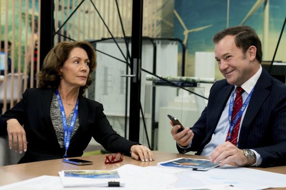 The Nation Building Authority’s media manager Rhonda (Kitty Flanagan) and government liaison officer Jim (Anthony Lehmann) in Utopia.