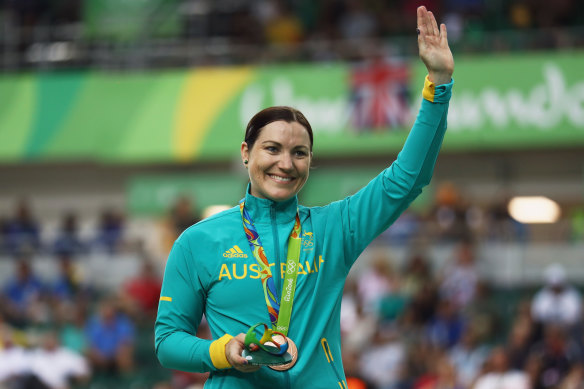 Meares celebrates her bronze medal at the Rio Olympics.