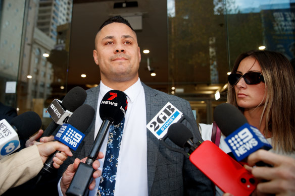 Jarryd Hayne, with wife Amellia Bonnici, outside court on April 4 after he was found guilty of sexual assault.