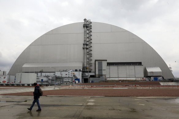 The enormous protective dome over the top of the Chernobyl reactor building. 