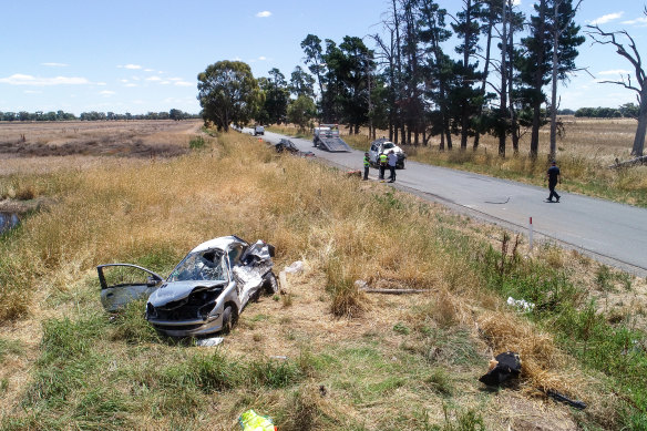 The force of the collision pushed the car off the road into a paddock.