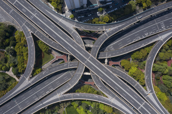 Near-deserted highways in the Puxi area of Shanghai as the city locks down.