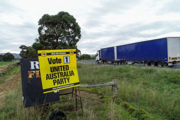 United Australia Party signs on the Western Freeway.