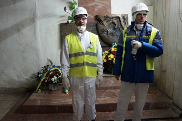 David Coulet (left) and Nicolas Caille at the Chernobyl Nuclear Power Plant in Ukraine.