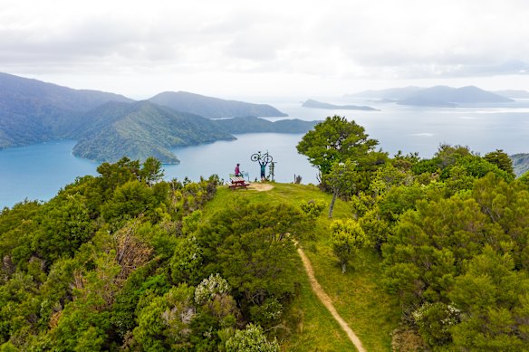 Ciclistas de montanha na pista Queen Charlotte em Marlborough Sounds. 