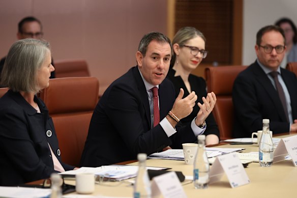 Treasurer Jim Chalmers at the Economic Reform Roundtable on Wednesday with Treasury secretary Jenny Wilkinson (left) and Productivity Commission chairwoman Danielle Wood.