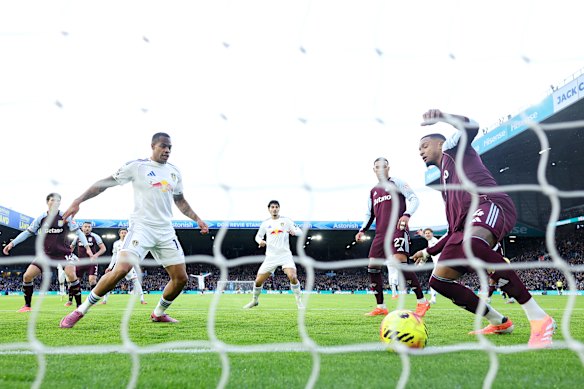Lukas Nmecha of Leeds United scores his team’s first goal.