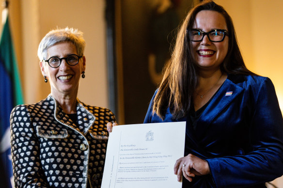 Harriet Shing (right) with Governor Linda Dessau after being sworn in as a government minister.