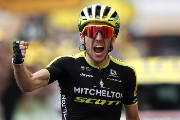 Simon Yates celebrates after winning stage 12 of the Tour de France this year. 