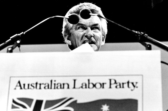 Bob Hawke delivers his election policy speech at Sydney Opera House on February 16, 1983. 