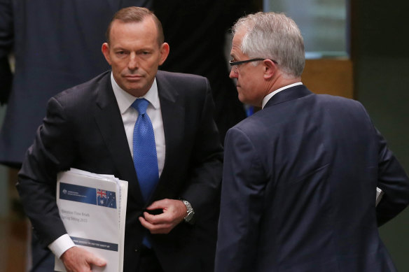 Then-Prime Minister Tony Abbott and Communications Minister Malcolm Turnbull on 14 September, 2015. Turnbull would oust Abbott as PM that night.