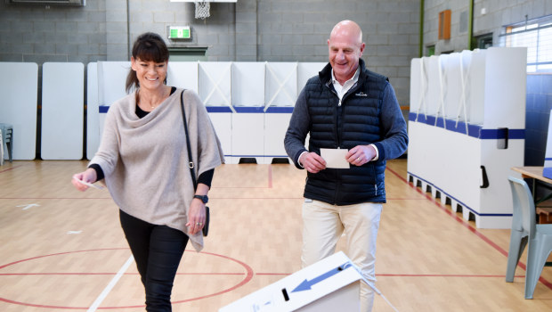 Premier Peter Gutwein and his wife Amanda voting at East Launceston Primary School on Saturday.