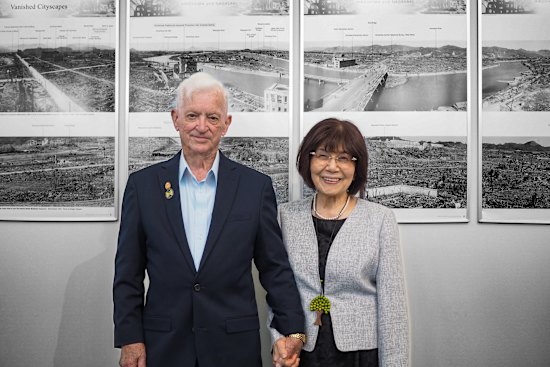 Bill Plewright and Teruko Yahata in Perth in May for the Never Again exhibition.