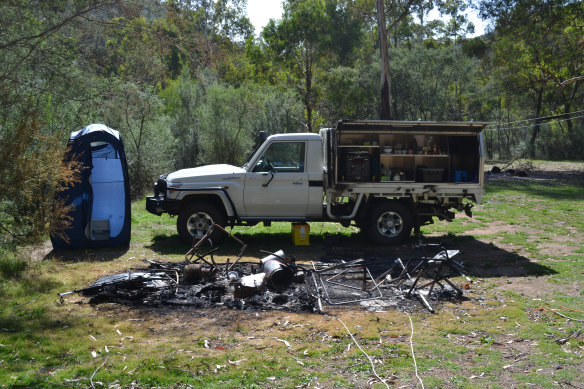 New photos of the burnt Wonnangatta camp site were shown to the jury for the first time on Monday.