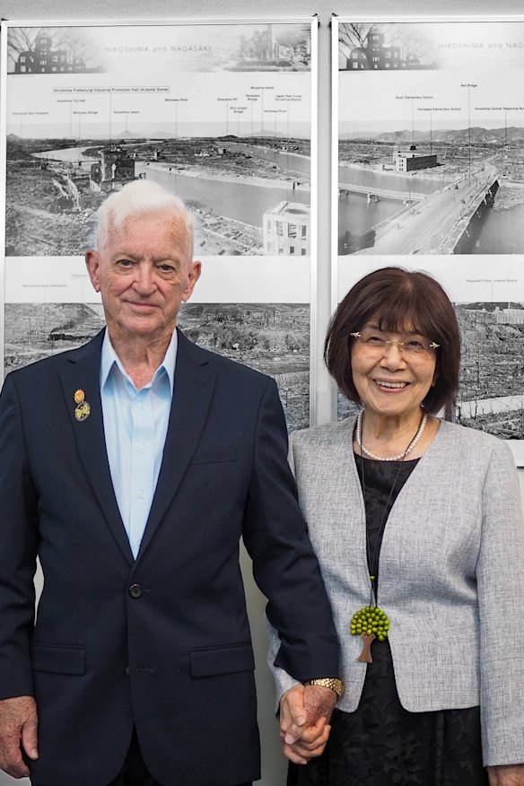 Bill Plewright and Teruko Yahata in Perth in May for the Never Again exhibition.