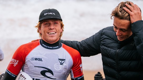 Xavier Huxtable, left, after his stunning heat win at Bells Beach.
