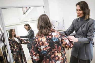 Personal stylist Sally McKinnon makes the fitting room fun for journalist Hanna Mills Turbet at Melbourne boutique Alpha60.