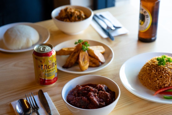 Assorted dishes, includign fufu (top left), at Little Lagos in Sydney.