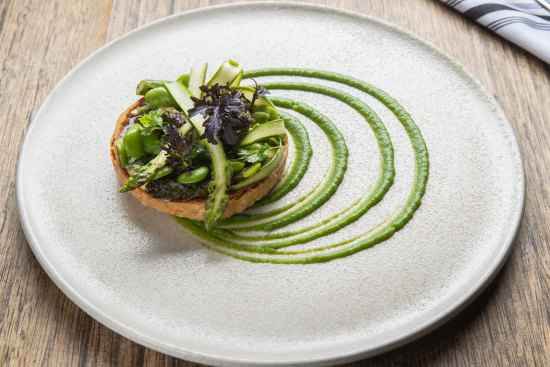 Asparagus tart with curd, broad beans and a parmesan sable from The Recreation’s spring menu.