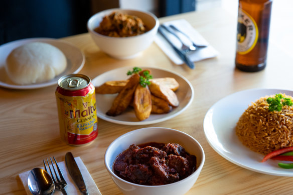 Assorted dishes, includign fufu (top left), at Little Lagos in Sydney.