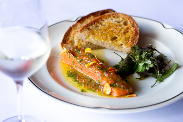 Confit saikou salmon with smoked salmon caviar, verjus dressing and
sourdough.