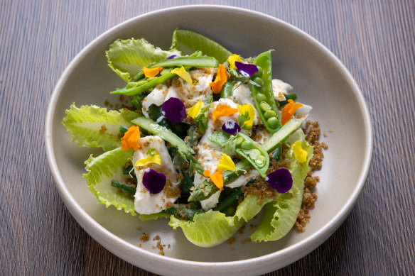 Seasonal greens with fior di latte and dill breadcrumbs.