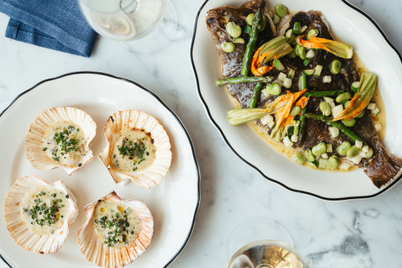 Scallops with seaweed beurre blanc and whole flounder with spring greens.